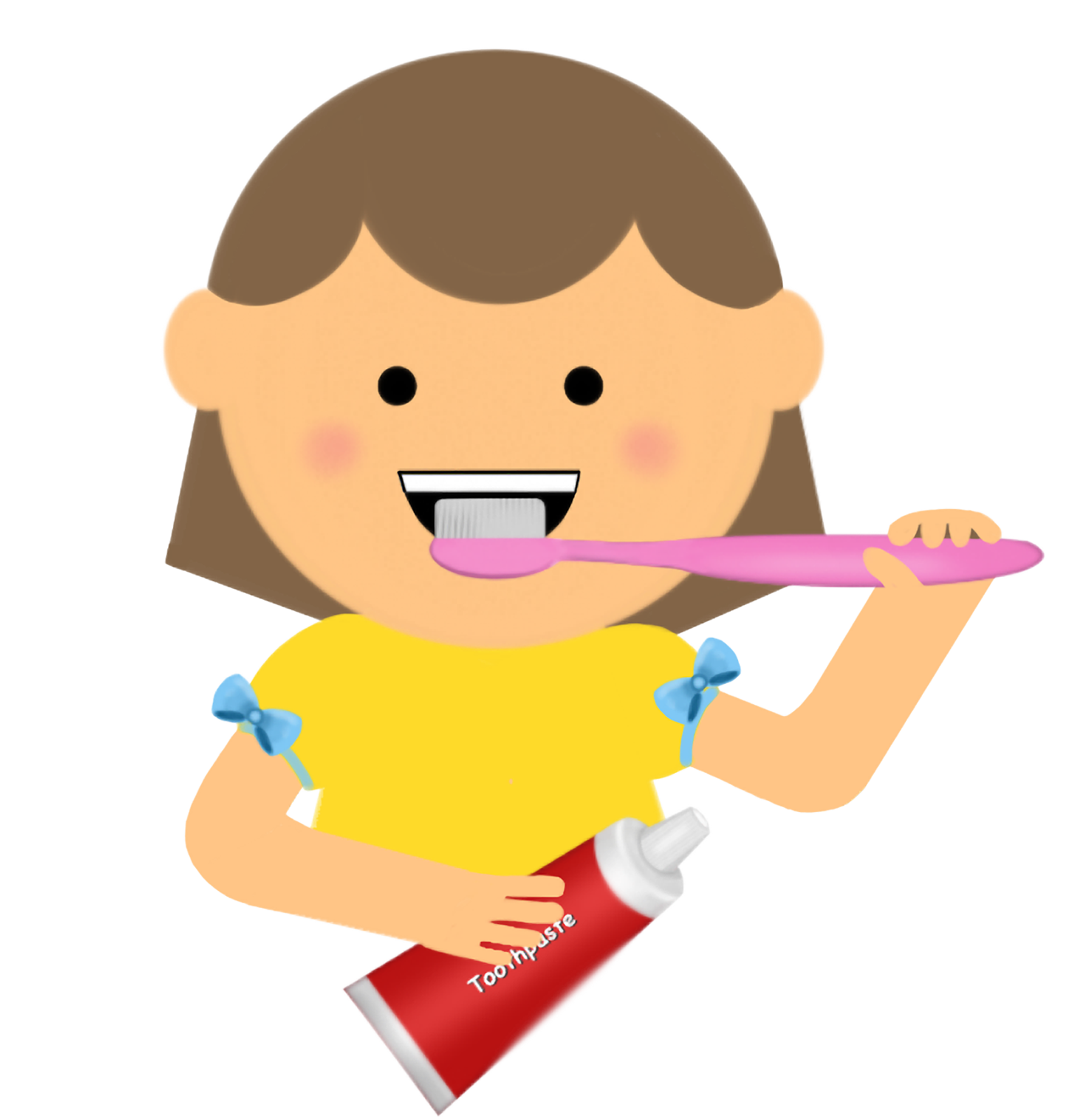 Cartoon girl in yellow shirt brushing teeth with pink toothbrush, holding a red toothpaste tube.